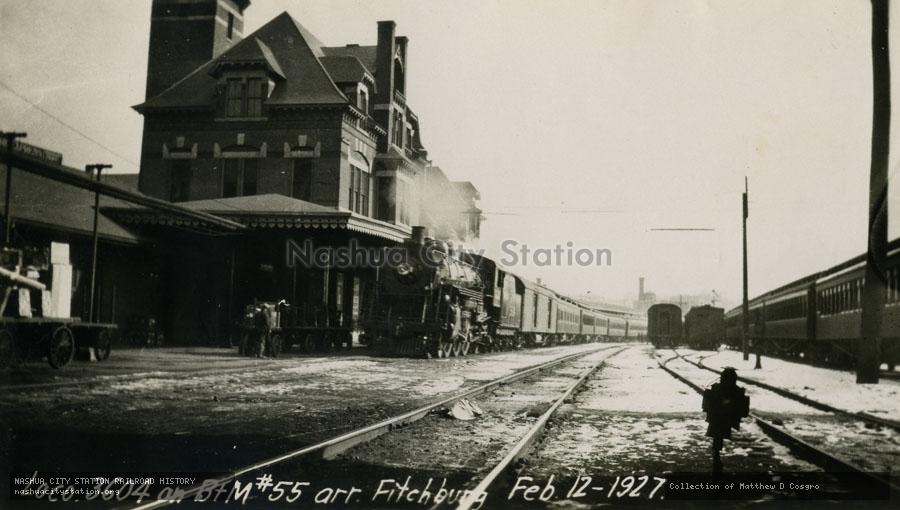 Postcard: Locomotive #3604 on Boston & Maine Train #55, arriving at Fitchburg, February 12, 1927